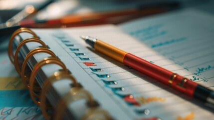 colorful planner with red pen, notes, and stationery items, perfect for organizing tasks and making plans. vibrant colors inspire creativity and productivity