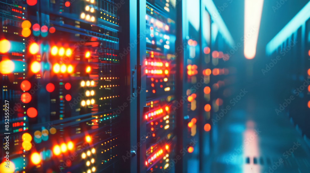 Poster data center with a row of computer servers. abstract generic concept of cyberspace, communication an