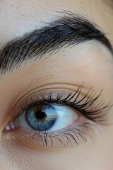 Naklejka premium Perfect Eyebrows and lashes: A close-up shot of a model's eyebrows, groomed and filled to perfection. Fashion, beauty, cosmetics.