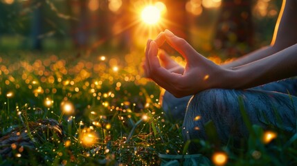 The image shows a person sitting in a yoga pose in a forest
