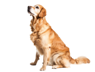 Full body shot of Golden Retriever dog, sitting, looking around curiously.