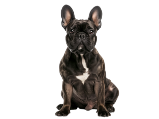 Full body shot of French Bulldog dog, sitting, looking around curiously.