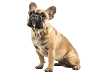 Full body shot of French Bulldog dog, sitting, looking around curiously.