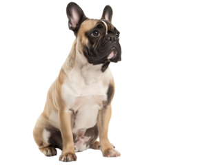 Full body shot of French Bulldog dog, sitting, looking around curiously.