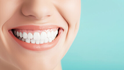 Obraz premium A close-up of a woman's smile with perfect white teeth. The concept of dentistry and oral care, light blue background.