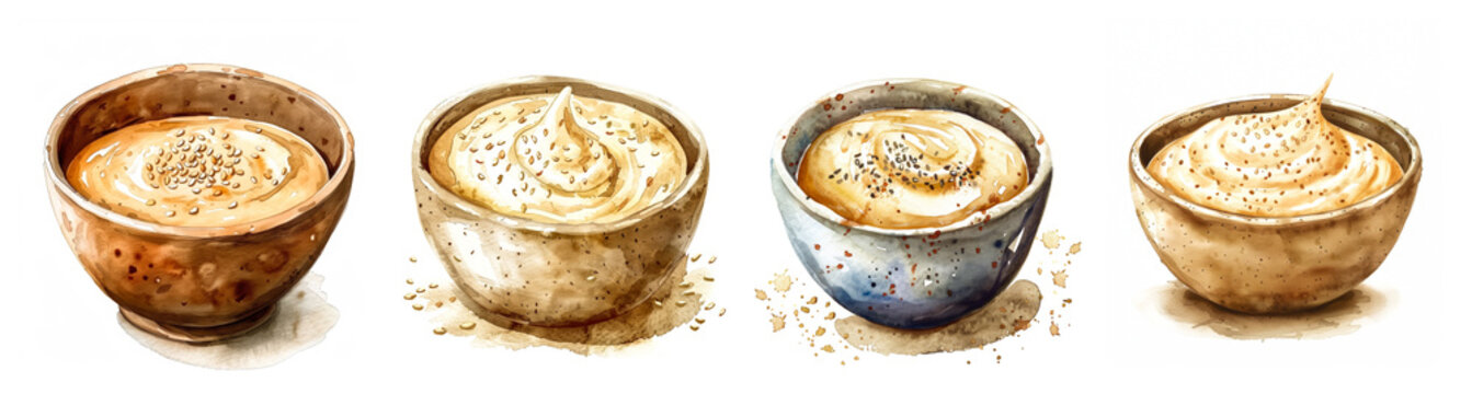 Watercolor illustration of four bowls of creamy hummus garnished with sesame seeds, symbolizing Mediterranean cuisine and perfect for vegetarian diet, Middle Eastern celebrations, and healthy eating