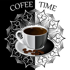 Black and white cup with coffee.Vector illustration with a beautiful mandala and a cup of coffee with text on a black and white background.