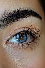 Obraz premium Perfect Eyebrows and lashes: A close-up shot of a model's eyebrows, groomed and filled to perfection. Fashion, beauty, cosmetics.