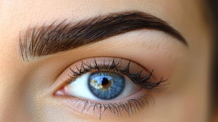 Fototapeta premium Perfect Eyebrows and lashes: A close-up shot of a model's eyebrows, groomed and filled to perfection. Fashion, beauty, cosmetics.