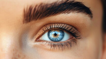 Obraz premium Perfect Eyebrows and lashes: A close-up shot of a model's eyebrows, groomed and filled to perfection. Fashion, beauty, cosmetics.