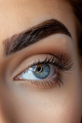 Obraz premium Perfect Eyebrows and lashes: A close-up shot of a model's eyebrows, groomed and filled to perfection. Fashion, beauty, cosmetics.