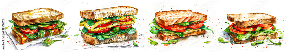 Wall mural A watercolor illustration of gourmet vegetable sandwiches showcasing fresh greens and tomatoes, ideal for promoting healthy eating, vegetarian diets, and summer picnics - Wall murals