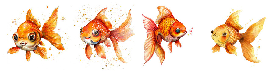 Cute, watercolor illustrations of four vibrant goldfish, ideal for children's books, Asian culture-themed designs, and aquatic celebrations like World Water Day