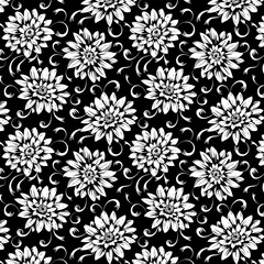 Black and white floral pattern.Vector seamless pattern with white flowers and decoration on a black background.
