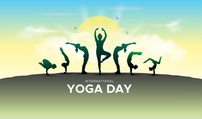 International yoga day celebration background. Womens silhouette of physical exercise and body fitness activity.