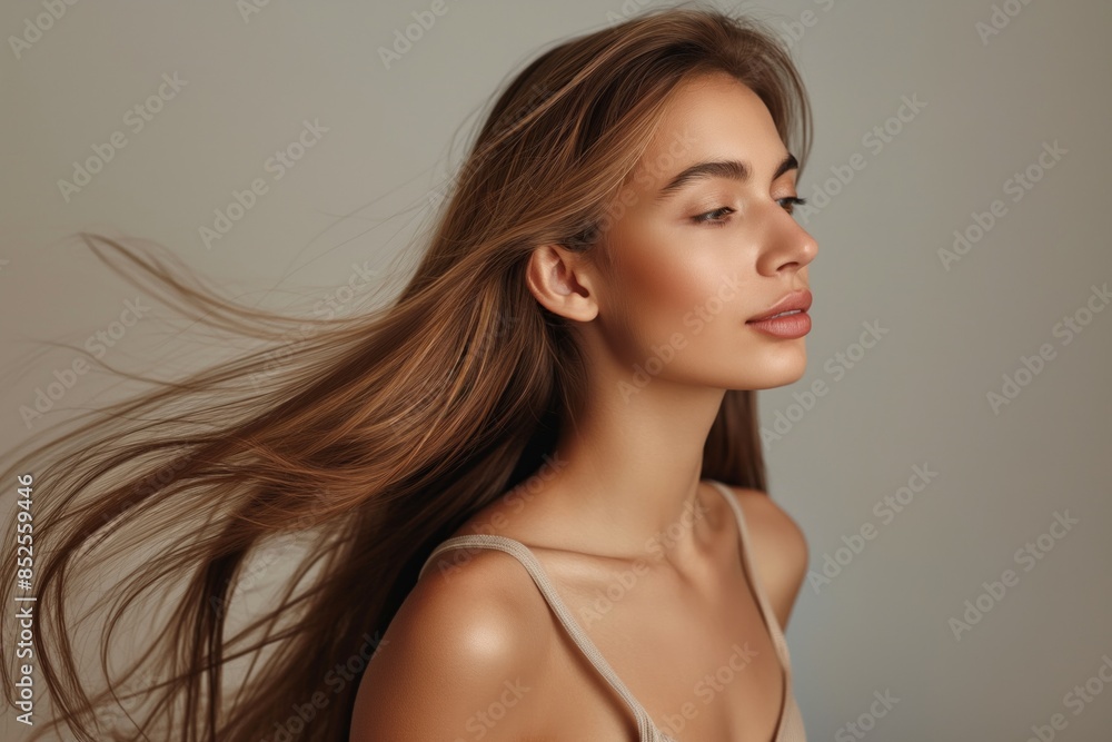 Sticker Serene Brazilian model with flowing hair, expressing elegance and effortless beauty in a calm pose