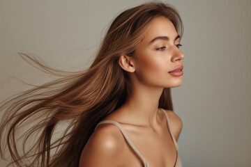 Naklejka premium Serene Brazilian model with flowing hair, expressing elegance and effortless beauty in a calm pose