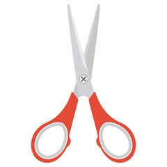 Open red scissors with rubber handles isolated on white background. Flat design