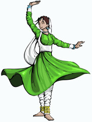 Beautiful Indian Classical Dancer Character Vector Illustration, doodle style cartoon illustration of dancing girl in traditional Indian dance costume