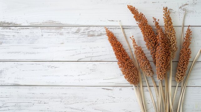 Vintage style Wild Foxtail Millets on White Wooden Background