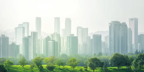 Obraz premium A city skyline obscured by haze, blending urban architecture with atmospheric environmental issues