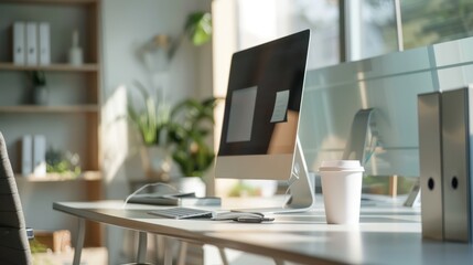 Cropped shot of portable office desk with mock-up computer devices, supplies and decorations on white table