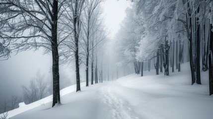 A snowy path winds through a frosted forest, sunlight peeking through the branches.