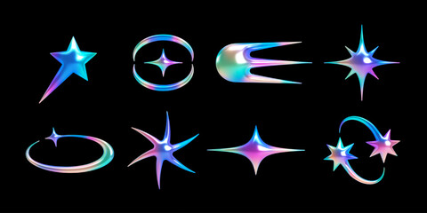 Set of 3d holographic abstract shapes in y2k aesthetic. Vector isolated symbols – star, spark, galaxy, comet with rainbow shiny chrome surface for retrofuturism, cosmic cyberpunk, sci-fi designs © Derter