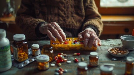 The elderly sorting pills