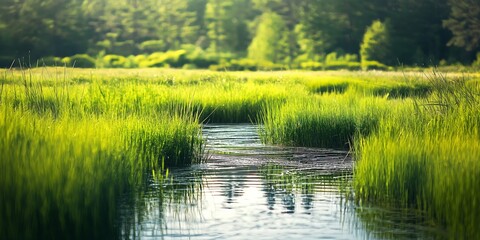 Obraz premium A serene stream winds through a vibrant meadow with lush green grass, symbolizing peace and rejuvenation