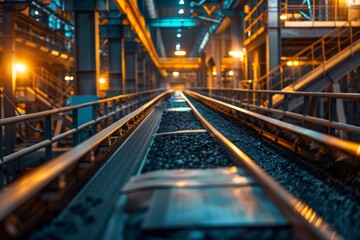 Fototapeta premium Conveyor belts transporting materials in a manufacturing plant, representing the energy-intensive processes that contribute to carbon emissions.