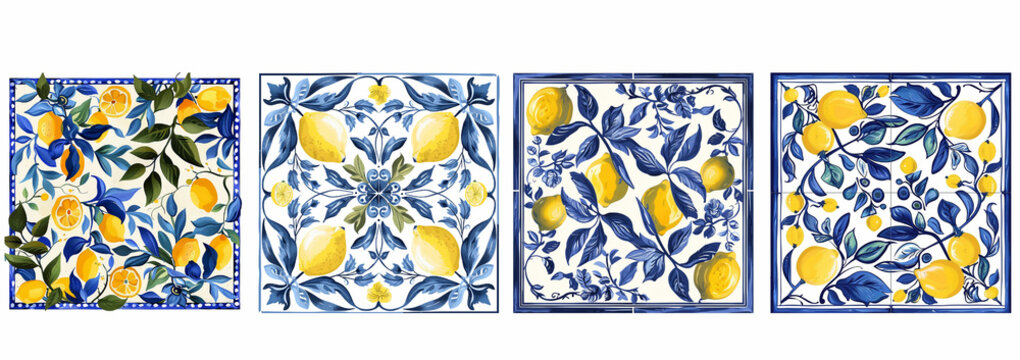 Mediterranean Italian tile with blue ornament, plants and basil leaves and yellow lemons, painted with paints. Vector illustration of a pattern or floral mosaic for your design
