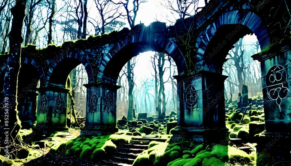 Poster moss-covered stone archway in a misty, enchanted forest with bare trees. sunlight filters through th