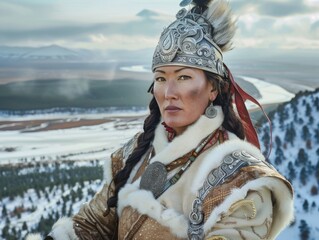 Medium shot of Portrait of a mongolian warrior queen, dark fantasy, ritual, feathered robe, detailed face, waist high shot photography, themed background.