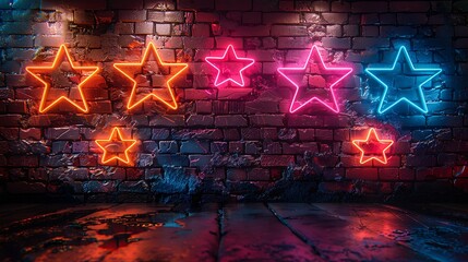 A captivating image of neon stars glowing against a brick wall background, exuding an urban vibe. The bright neon lights contrast with the rugged bricks, creating a dynamic visual.