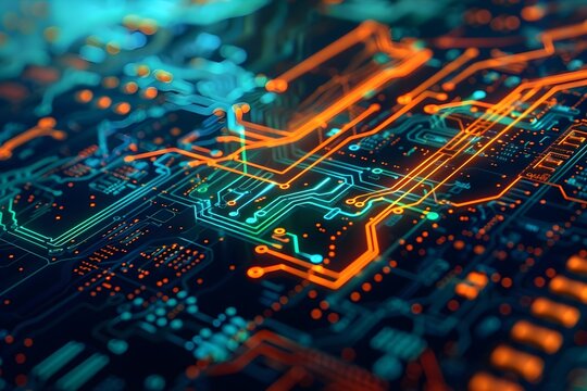 3D rendering of a circuit board with orange and blue glowing lines. Printed circuit board futuristic serverCircuit board futuristic server code processing Orange, green, blue technology background wit