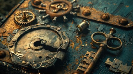 Naklejka premium Concept of solving problems in a steampunk setting with old rusty lock and key nearby