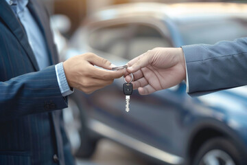 Car salesman handing over the keys to the car sales person