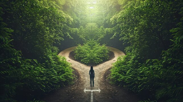 A woman standing in front of a fork in the road, trying to decide which way to go