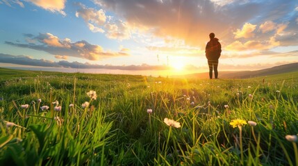 Fototapeta premium A person standing in a field of flowers, looking out at the sunset