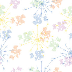 Seamless dandelion pattern, vector plant and seeds illustration on sky background  Stylish repeating texture. Cute pastel print.
