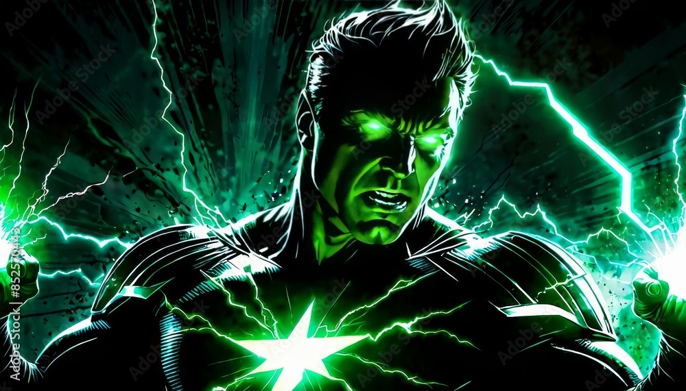Poster electrifying image of a superhero unleashing green energy bolts, surrounded by dynamic lightning. th