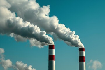 Smokestacks emitting greenhouse gases into the atmosphere, contributing to the greenhouse effect and global warming.