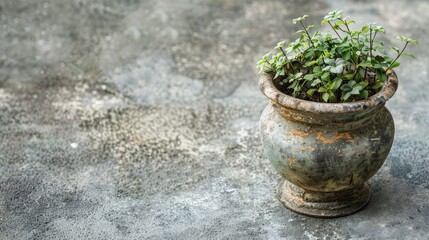 Close up of antique pewter flower pot on concrete surface with space for text