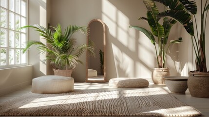 Stylish room with ikebana and mirror decorations