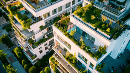 Green roof gardens in a city, an ecofriendly urban development with sustainable architecture and vertical gardens on buildings.