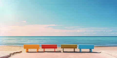 Multiple benches in a line against a seaside promenade overlooking the blue ocean and clear sky
