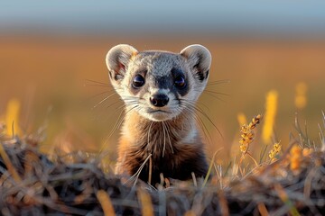 Fototapeta premium A black-footed ferret peeking out from its burrow in a grassy prairie, its slender body and masked face alert and watchful. 