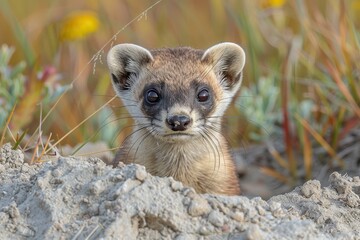 A black-footed ferret peeking out from its burrow in a grassy prairie, its slender body and masked face alert and watchful. 
