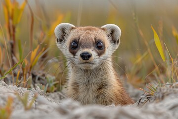 Fototapeta premium A black-footed ferret peeking out from its burrow in a grassy prairie, its slender body and masked face alert and watchful. 